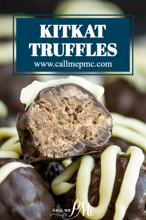 Dangerously-delicious, rich, and decadent, KitKat Truffle Recipe is an easy 3 ingredient, no-bake recipe that's perfect to make with children and to give as gifts for the holidays. #truffles #recipes #candy #chocolate #dessert #gift #Kitkat #candybar KitKat Truffles stacked with one cut open.