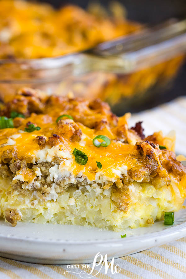 Cheesy Sausage Hash Brown Casserole is an easy one-dish meal that can be made and baked or made ahead, refrigerated, and baked later. #baked #casserole #breakfast #brunch #makeahead #overnight #recipe #hashbrowns #sausage #cheese
