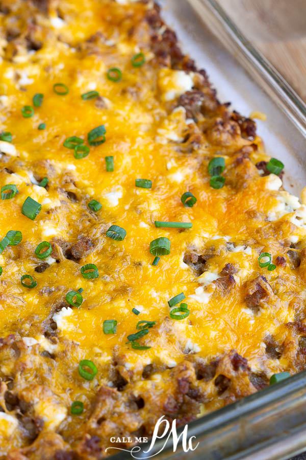Cheesy Sausage Hash Brown Casserole is an easy one-dish meal that can be made and baked or made ahead, refrigerated, and baked later. #baked #casserole #breakfast #brunch #makeahead #overnight #recipe #hashbrowns #sausage #cheese