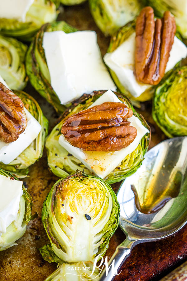 Gluten free ยท Serves 10 ยท The ultimate appetizer recipe!! Roasted Brussel sprouts with brie cheese, pecans, & hot honey! These tiny bites are the perfect appetizer or game day food that everyone go crazy about! #hothoney #superbowl #healthyappetizers #gameday #brusselsprouts #appetizerrecipes Roasted Brussel sprouts with brie cheese, pecans, & hot honey