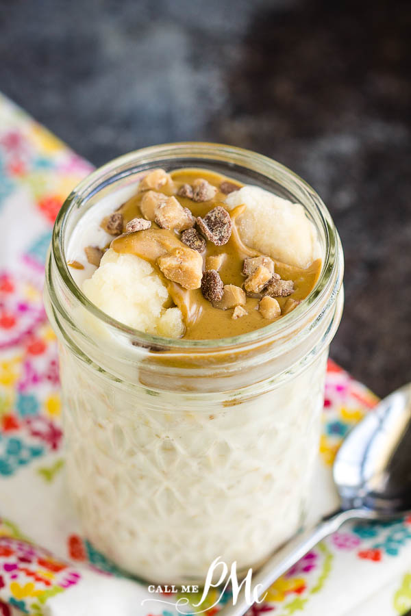 Overnight Oats in a jar topped with bananas and peanut butter