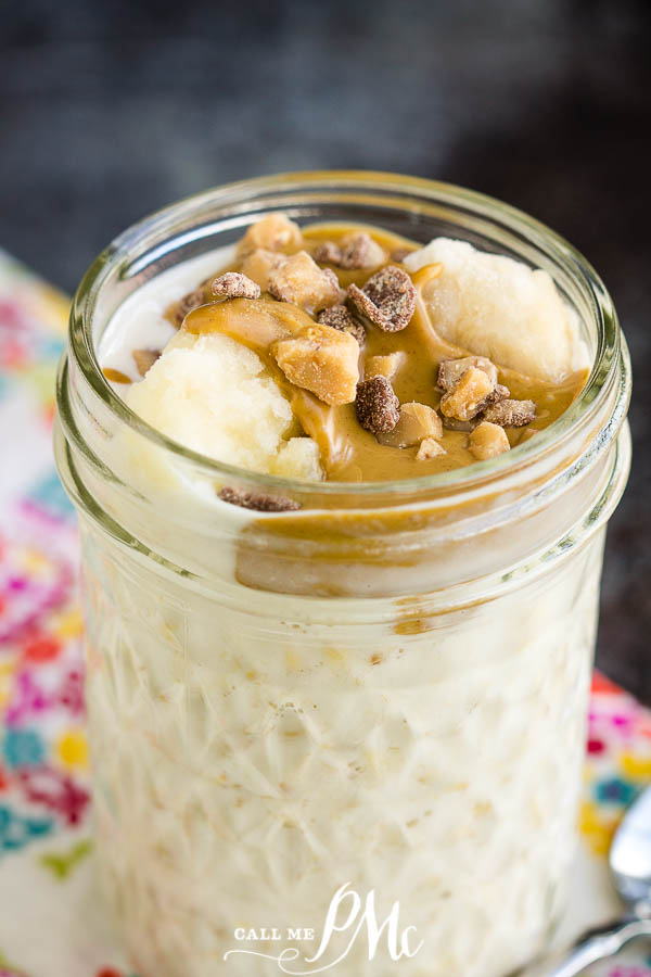 Overnight Oats in a jar topped with bananas and peanut butter