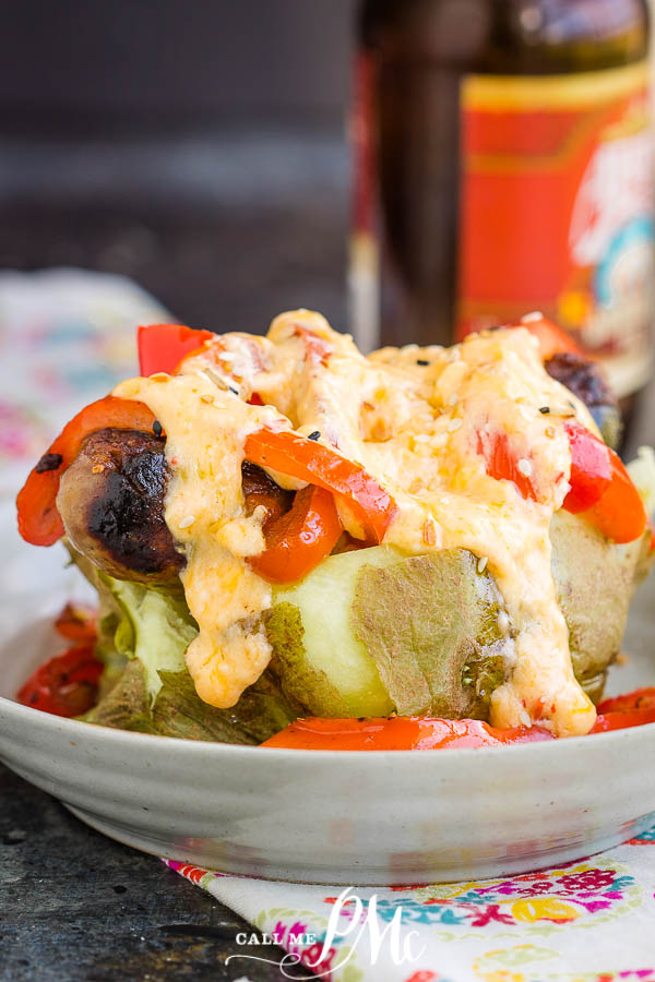 baked potato filled with sausage, peppers, onions, cheese Philly Cheese Dog Loaded Potato