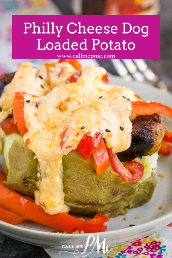 LOADED potato with sausage, peppers, onions, and cheese Philly Cheese Dog Loaded Potato #sausage #pimentocheese