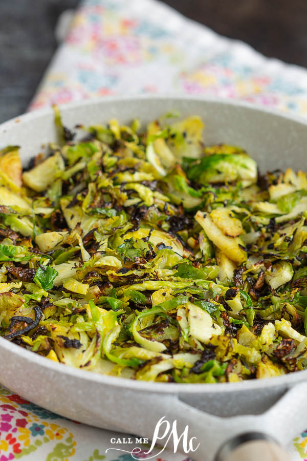 pan of shaved sauteed Brussels sprouts Brussels sprouts