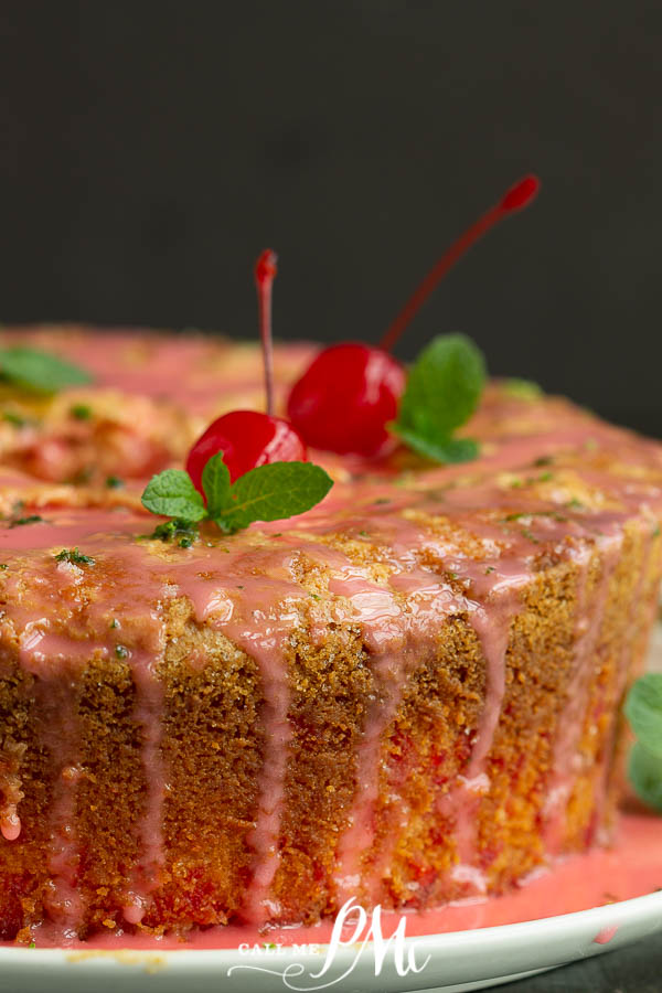 Bundt cake with pink glaze, cherries and mint Cherry Limeade Pound Cake