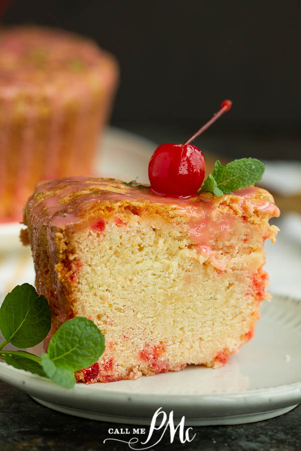 Cherry Limeade Pound Cake - best pound cake recipe! Delicious cherry cake with lime juice or 7up & traditional crusty top! #poundcake #cake #dessert #poundcakerecipe #poundcakepaula #callmepmc #moist #7uppoundcake #cherry #cherrycake #cherrypoundcake