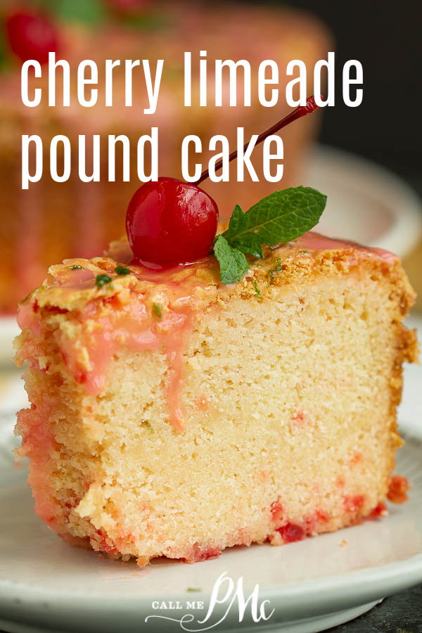 Slice of cherry pound cake with glaze and cherry Cherry Limeade Pound Cake