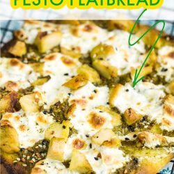 Easy Chicken Pesto Flatbread recipe has chicken, mozzarella, & basil pesto. Great with leftover chicken & a fresh summer favorite meal. #callmepmc #recipes #collegestudentrecipes #chicken #pesto #flatbread #pizza