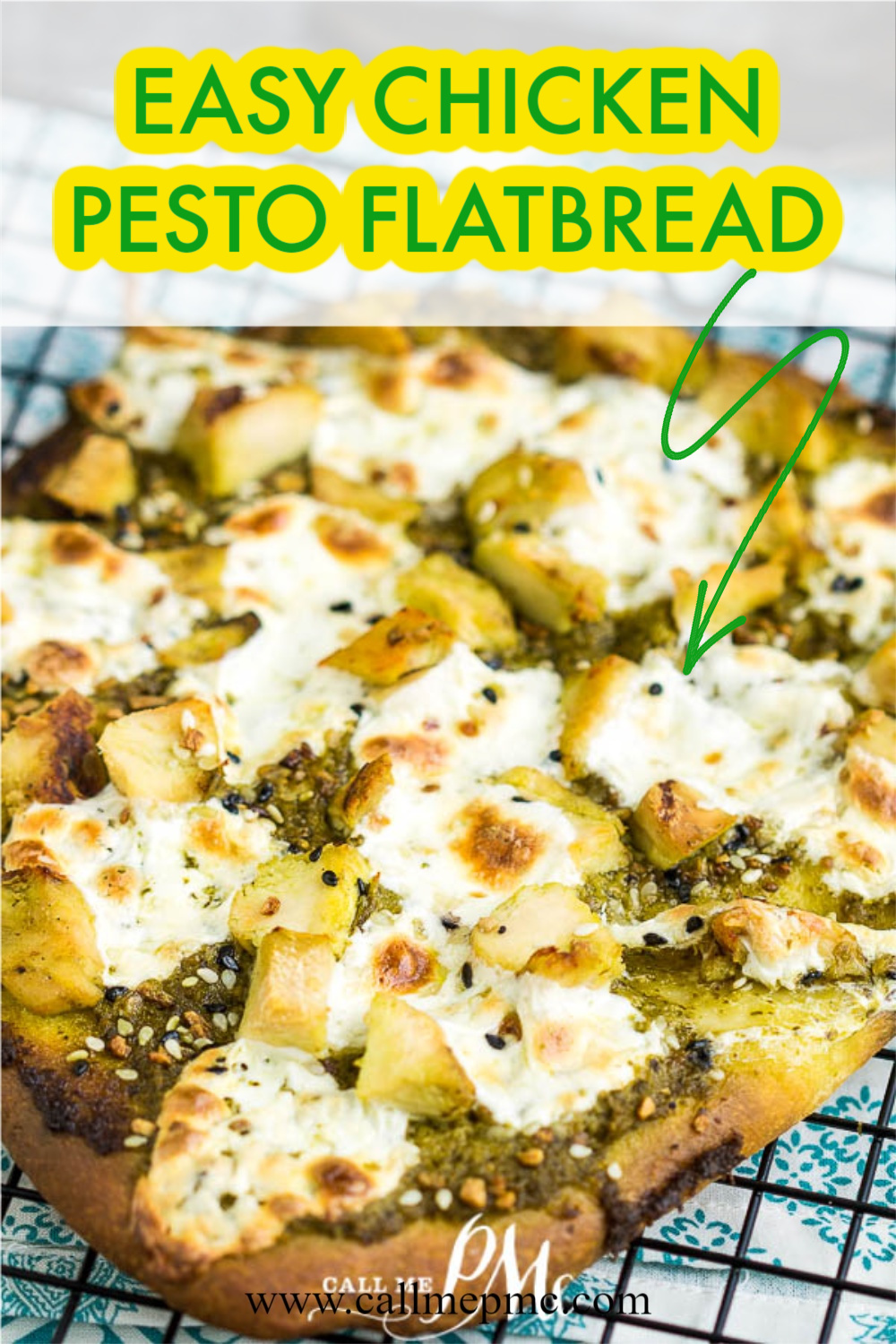 Easy Chicken Pesto Flatbread recipe has chicken, mozzarella, & basil pesto. Great with leftover chicken & a fresh summer favorite meal. #callmepmc #recipes #collegestudentrecipes #chicken #pesto #flatbread #pizza Easy Chicken Pesto Flatbread