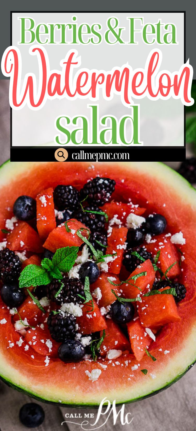 Berry Feta Watermelon Salad with blueberries, blackberries, feta cheese, mint, and lemon thyme vinaigrette.