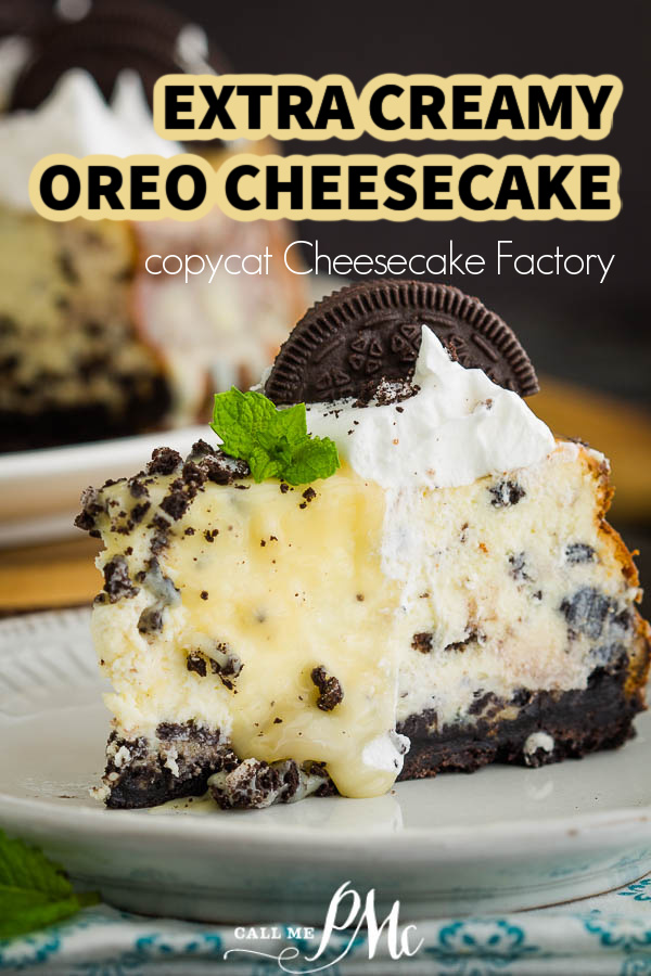 slice of cheesecake with chocolate wafer cookies Cheesecake Factory Oreo Cheesecake recipe combines a perpetually favorite cookie and an elegant cheesecake into one sumptuous dessert!