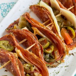 Keto Muffuletta recipe (Antipasto Tacos) is a quick grazing appetizer of cured meats, cheeses, olives, & giardiniera. No carbs & no gluten