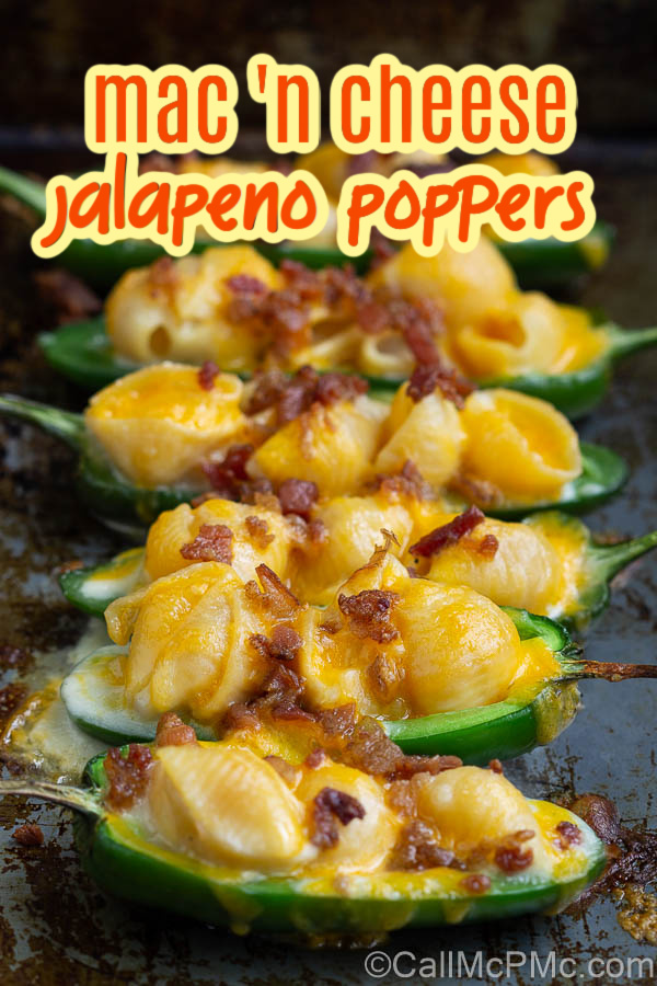 Mac and Cheese Stuffed Jalapeno Poppers are filled with homemade mac and cheese and topped with salty, crispy bacon