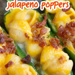 Mac and Cheese Stuffed Jalapeno Poppers are filled with homemade mac and cheese and topped with salty, crispy bacon.