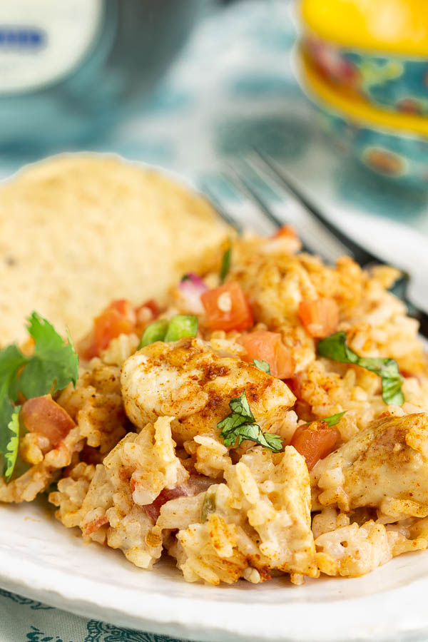 Tex Mex casserole on a saucer Queso Chicken and Rice Casserole