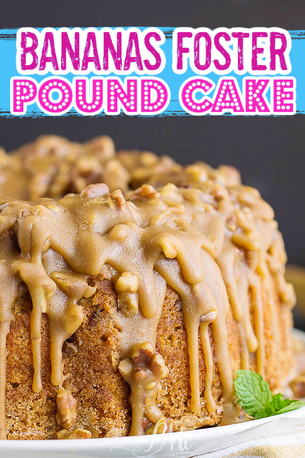 Bananas Foster Pound Cake recipe. This delicious cake recipe has classic Bananas Foster ingredients, bananas, brown sugar, rum, and pecans mixed in for an incredibly delicious dessert!