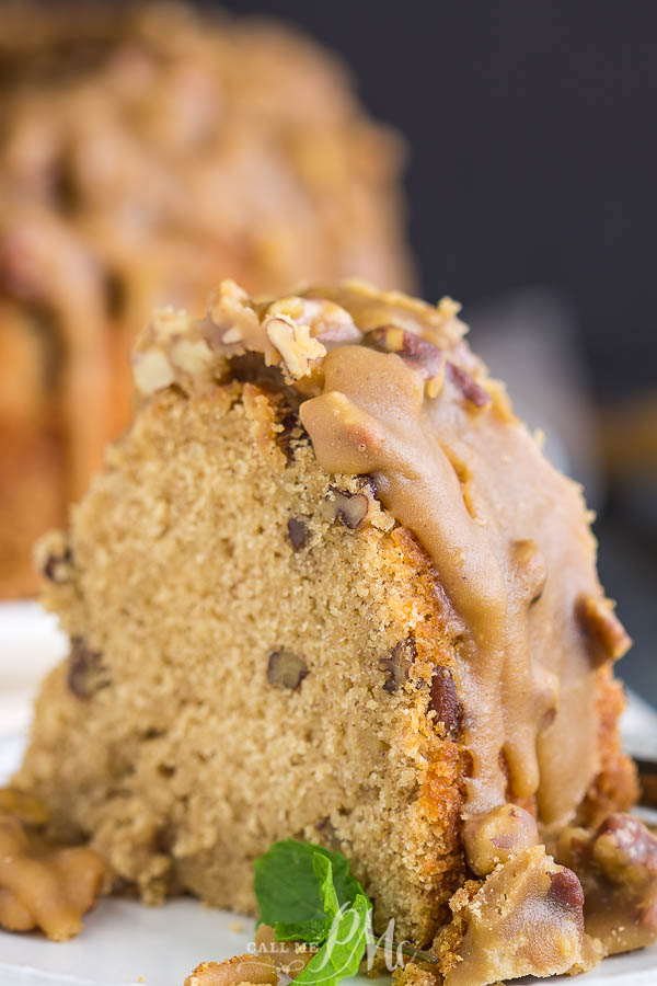 slice of cake with caramel glaze Bananas Foster Pound Cake