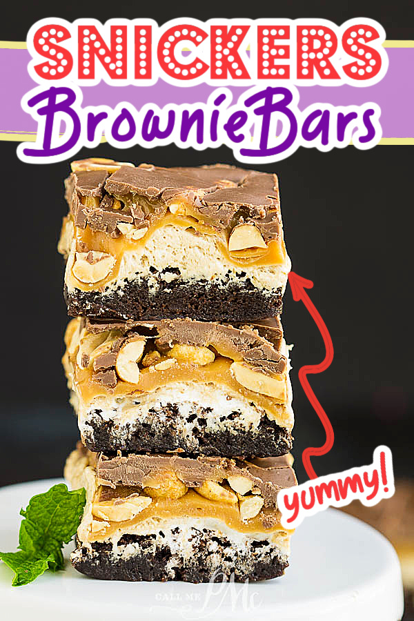 Snickers Brownie Bars - Rich, fudgy brownies are topped with a fluffy nougat, creamy caramel, crunchy peanuts, and dark chocolate.