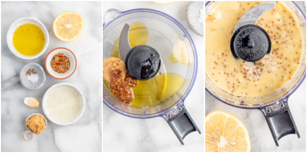 collage of food processor Caesar Roasted Brussels Sprouts