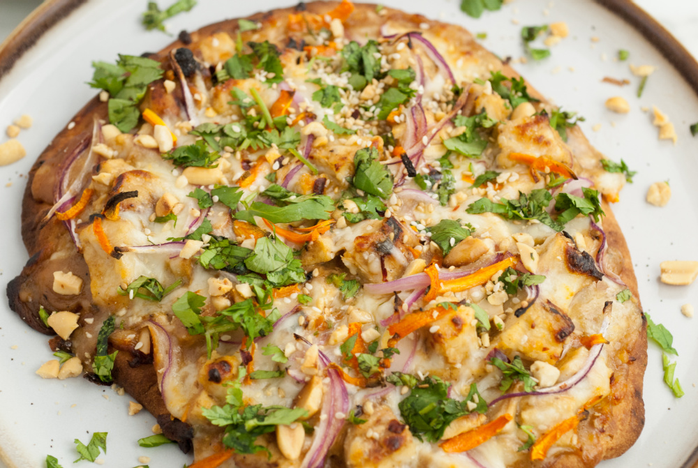 flatbread pizza with peanut sauce and chicken Thai Peanut Chicken Flatbread