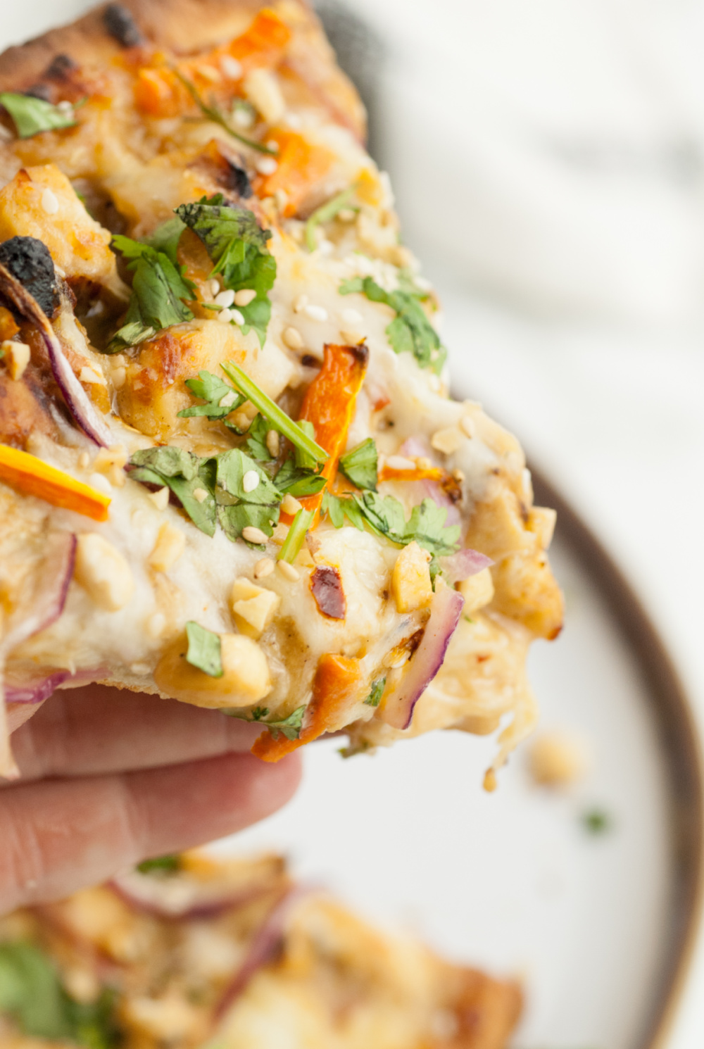 flatbread pizza with peanut sauce and chicken naan snack
