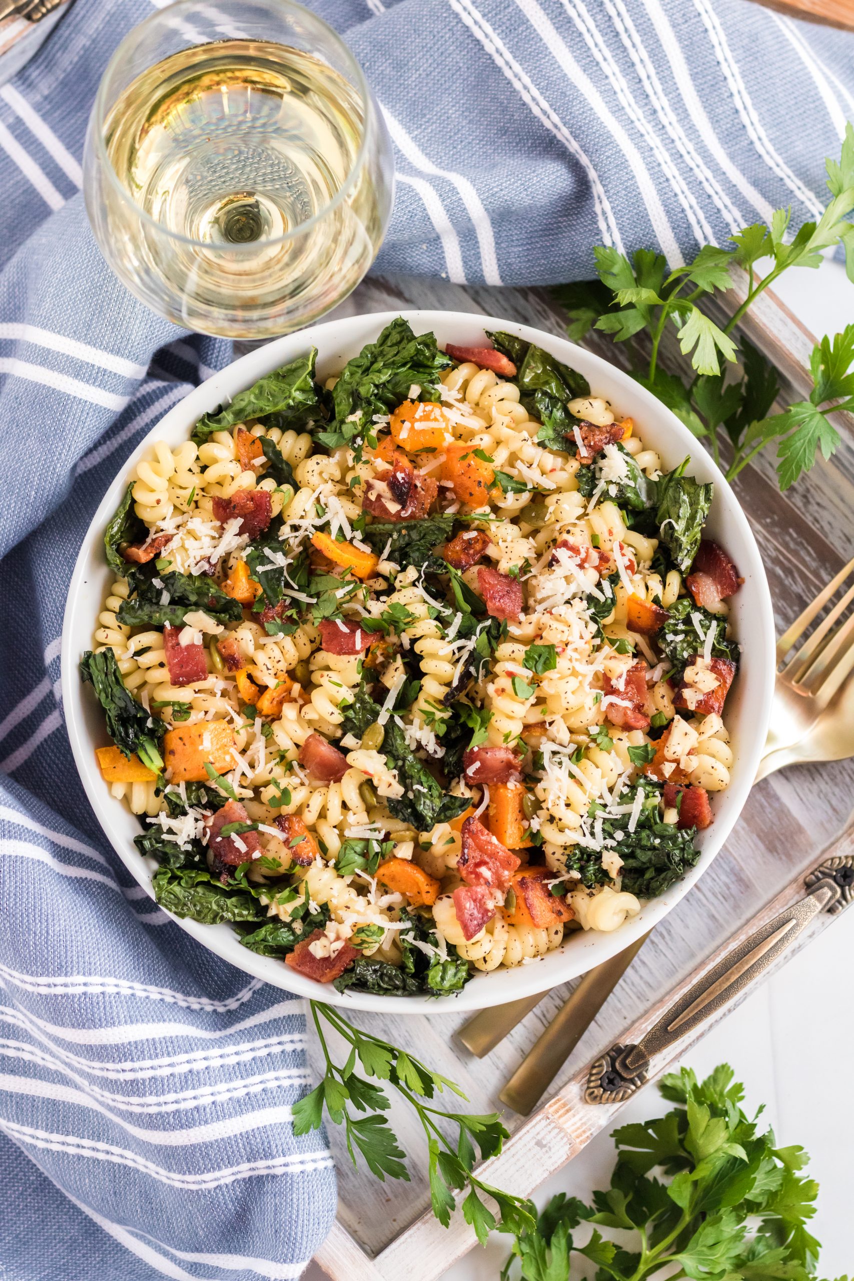 bowl of veggies and pasta Winter Harvest Pasta Recipe with White Wine Sauce