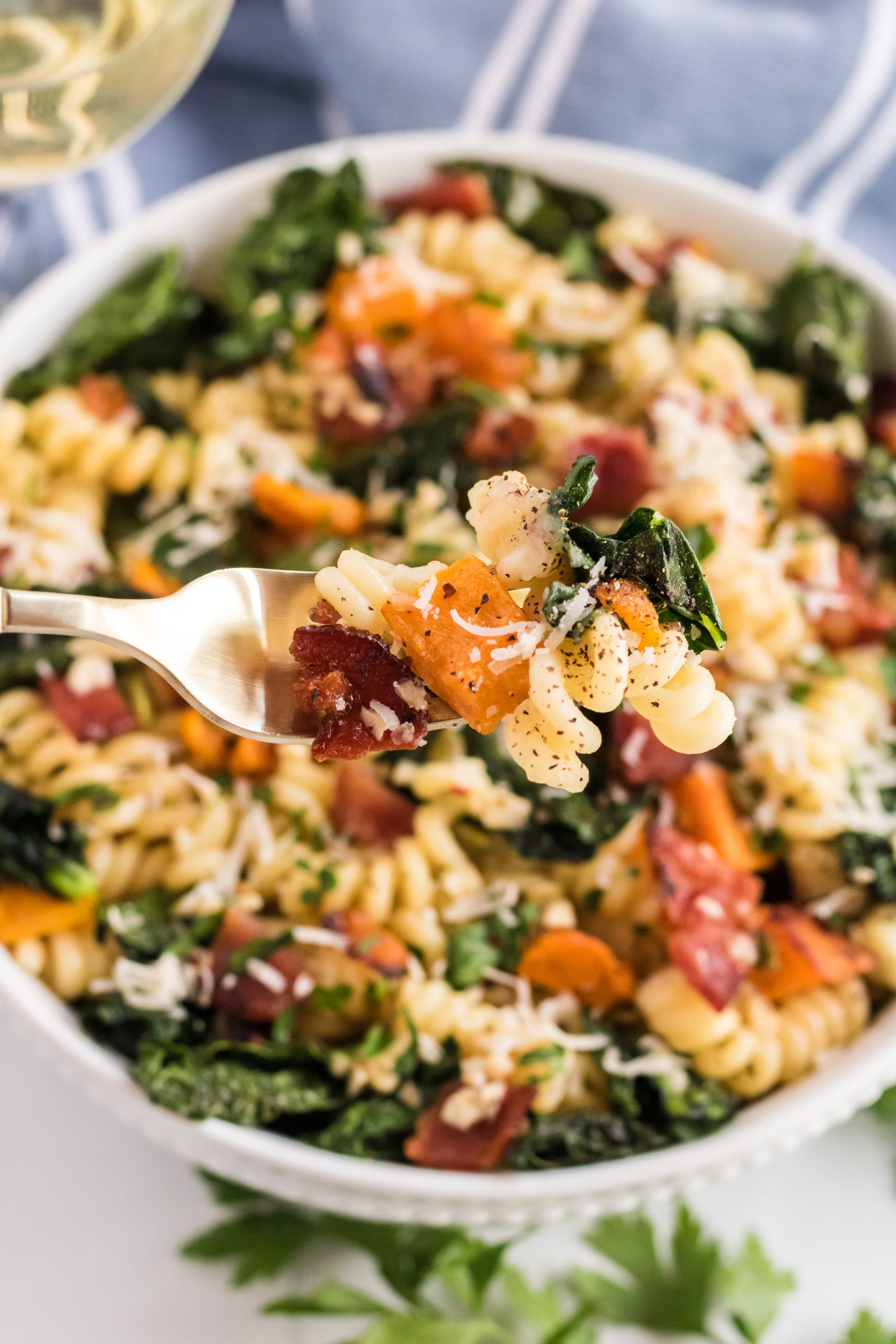 bowl of roasted harvest veggies and pasta