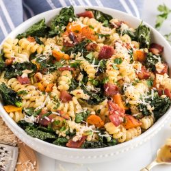 bowl of winter vegetables and pasta.