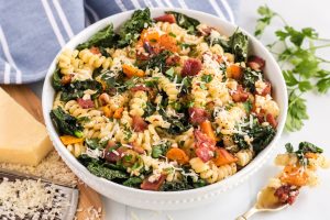 bowl of winter vegetables and pasta.