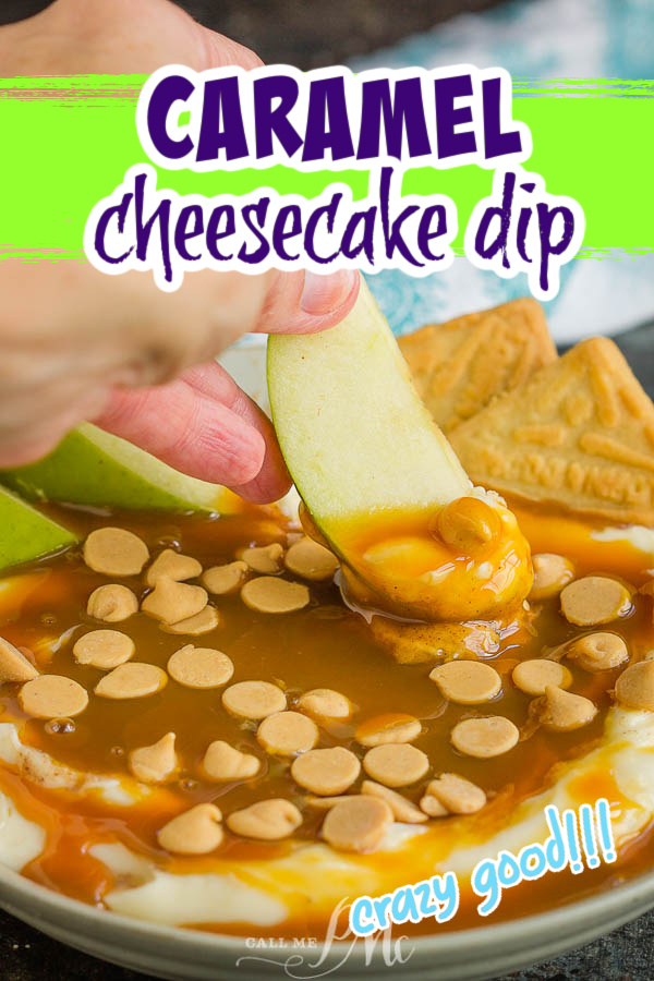 bowl of dip with caramel, peanut butter chips and apple slices bowl of Caramel Cheesecake Dip with caramel, butterscotch chips and apple slices