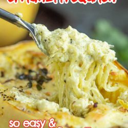 Cheesy garlic spaghetti squash is a delicious and flavorful dish that combines the natural sweetness of spaghetti squash with the rich and tangy taste of melted cheese and aromatic garlic.