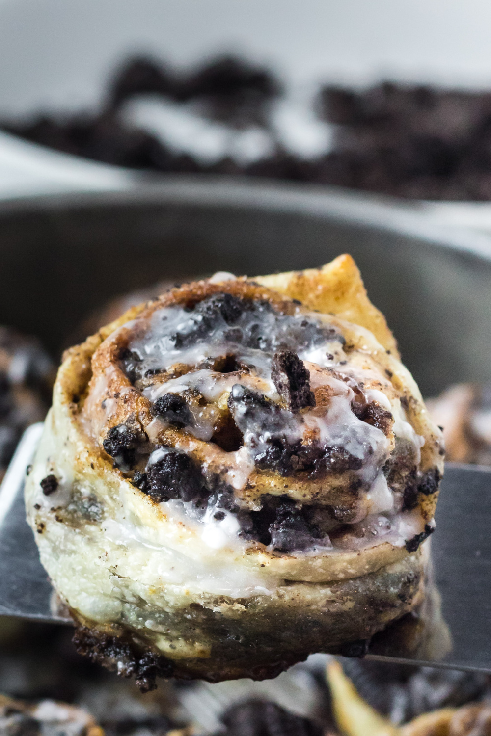 Oreo Cinnamon Rolls on spatula