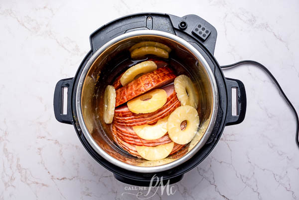 Pineapple Brown Sugar Ham in instant pot An Instant Pot filled with ham and pineapple, cooked to perfection with brown sugar.
