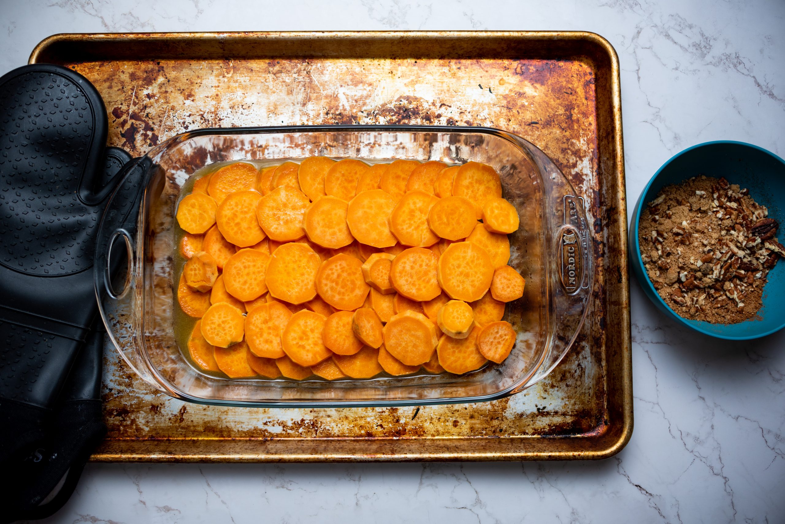 prepping sweet potatoes