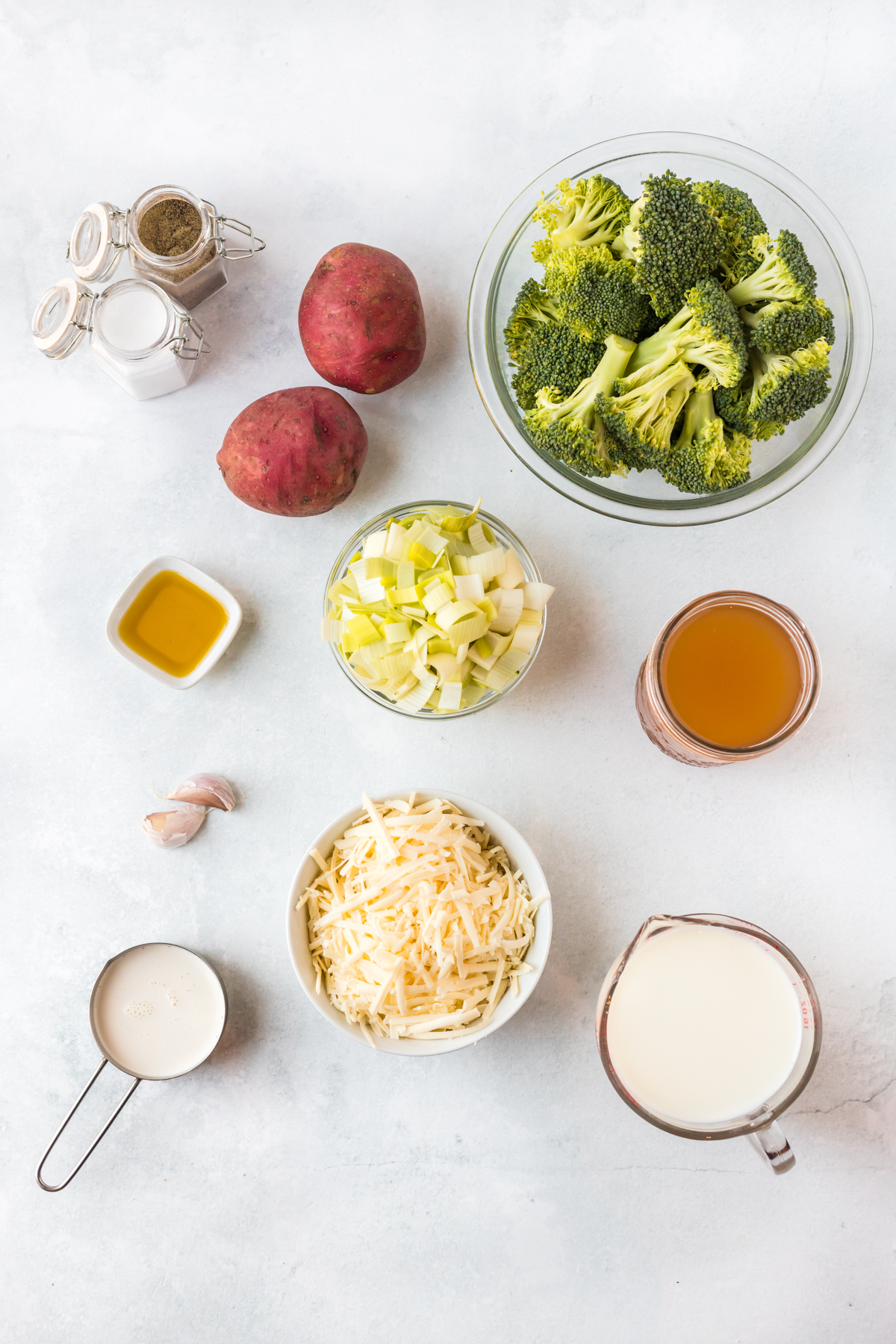 bowls of ingredients for broccoli soup recipe