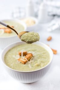 bowl of cheesy broccoli soup.