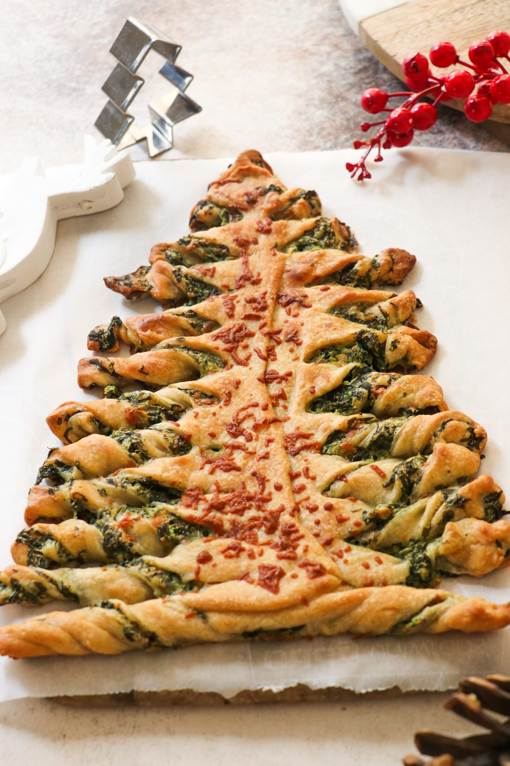 breadsticks baked in the shape of a Christmas tree.