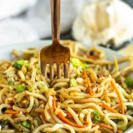 One Pot Spicy Thai Noodles recipe from callmepmc.com make a super quick and easy meatless main dish. Vegetables, garlic, ginger, and noodles are tossed with a slightly spicy and delicious sauce.