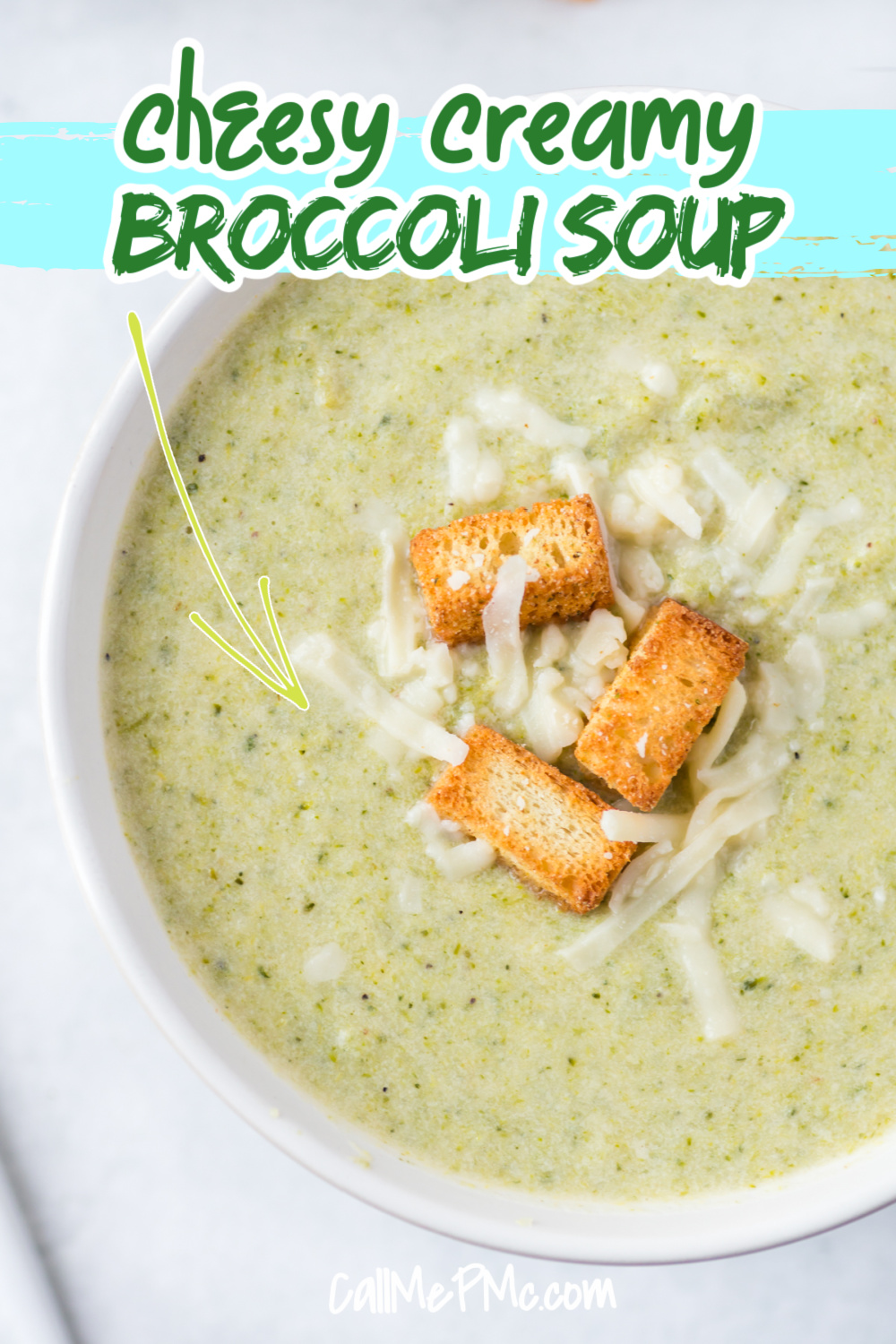 cheesy creamy broccoli soup with croutons