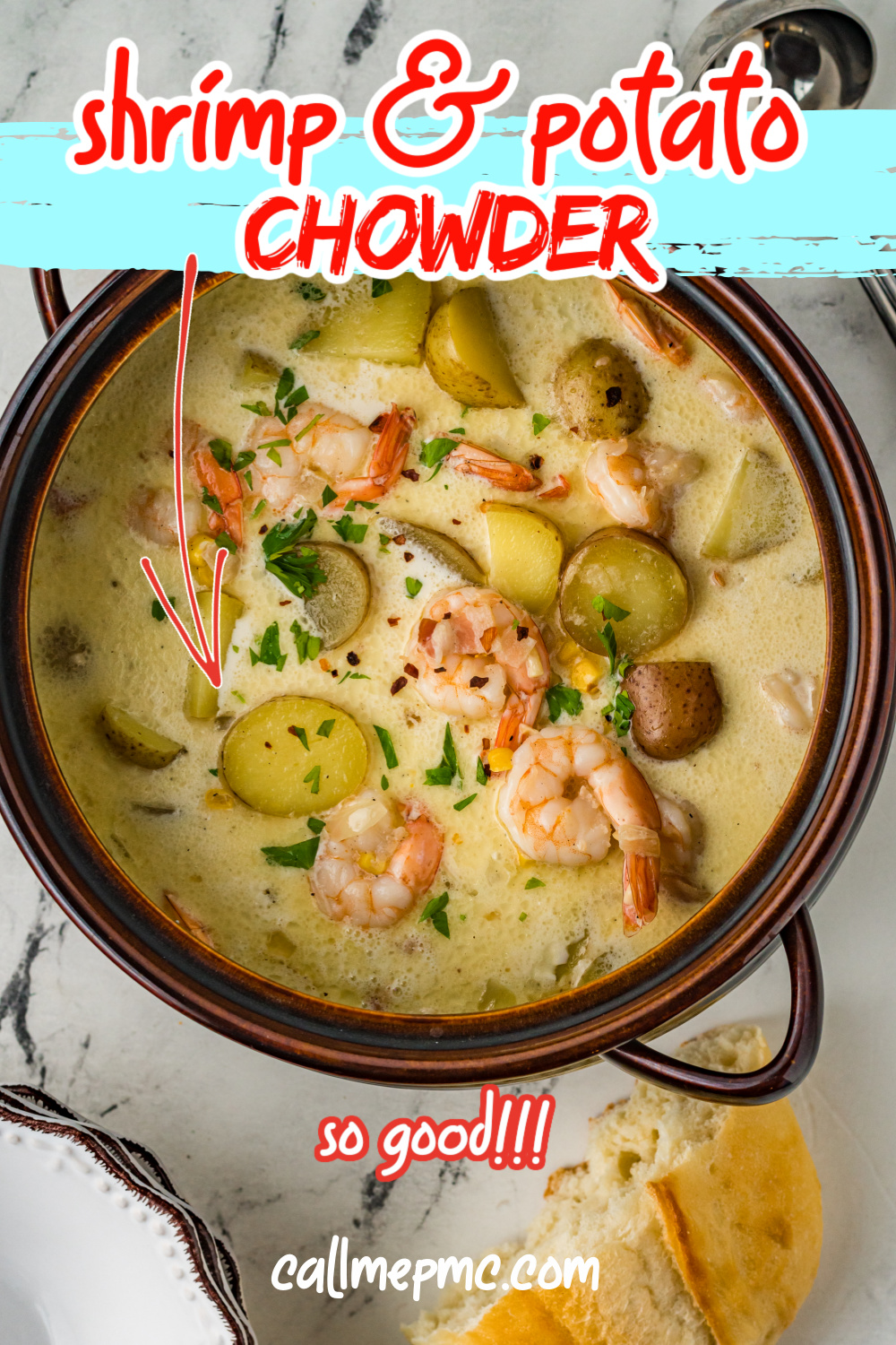 pot of soup with potatoes and shrimp Shrimp Bacon Potato Chowder