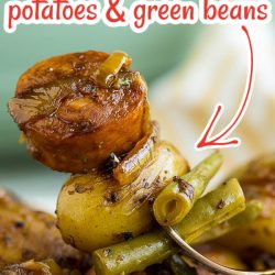 Old Fashioned Skillet Sausage Potatoes and Green Beans Recipe are 'slap yo mama' good. Made in one pan, stovetop with sausage, green beans, & potatoes #baking #recipes #callmepmc