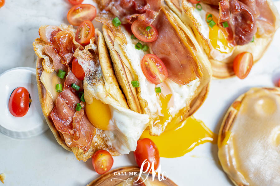 tacos with pancakes, eggs, and bacon