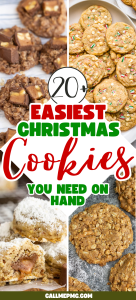 A festive collage displays an assortment of Christmas Cookies—chocolate chunk, sprinkle-topped, powdered sugar, and oatmeal—with the text "20+ Easiest Christmas Cookies You Need On Hand.