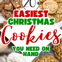 A festive collage displays an assortment of Christmas Cookiesโchocolate chunk, sprinkle-topped, powdered sugar, and oatmealโwith the text "20+ Easiest Christmas Cookies You Need On Hand.
