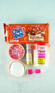ingredients on counter for red velvet cookie recipe.