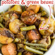 Old Fashioned Skillet Sausage Potatoes and Green Beans Recipe are 'slap yo mama' good. Made in one pan, stovetop with sausage, green beans, & potatoes #baking #recipes #callmepmc
