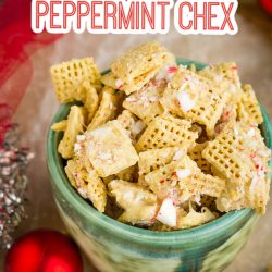 White Chocolate Peppermint Chex Mix recipe by Call Me PMc Irresistible, festive, crunchy, and sweet, White Chocolate Peppermint Chex Mix is a super easy addition to your holiday cookie and candy tray. #peppermint #chexmix #recipe #snack