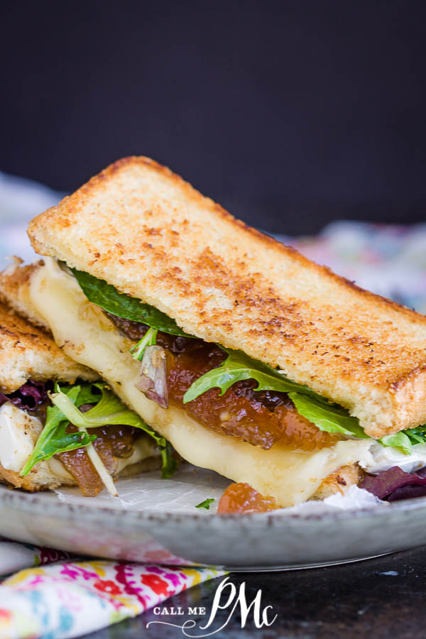 Brie Fig Grilled Cheese - Gourmet grilled cheese sandwich oozing with melted brie cheese and fig preserve nestled between buttery bread! It's out-of-this-world good! #grilledcheese #recipe #sandwich #callmepmc