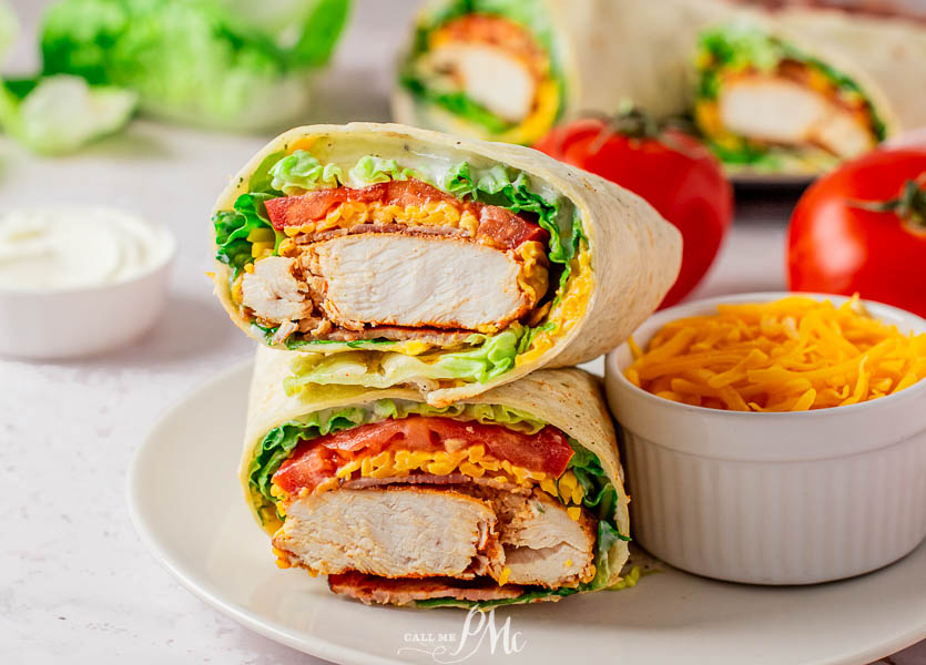Chicken Bacon lettuce and tomatoes wrapped in tortilla.